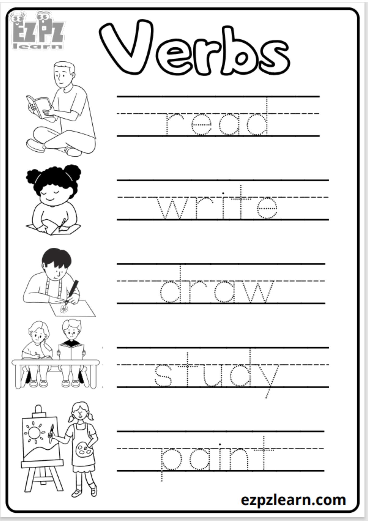 Verbs Tracing 3 Worksheet For Kids Free PDF Download